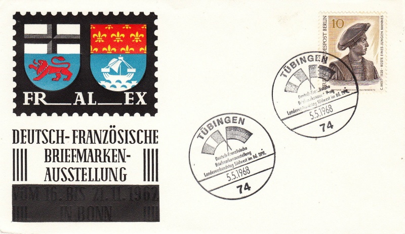 Datei:Tübingen - Deutsch-Französische Briefmarkenausstellung - Landesverbandstag Südwest im Bd. DPH - Sonderstempel vom 5. Mai 1968.JPG
