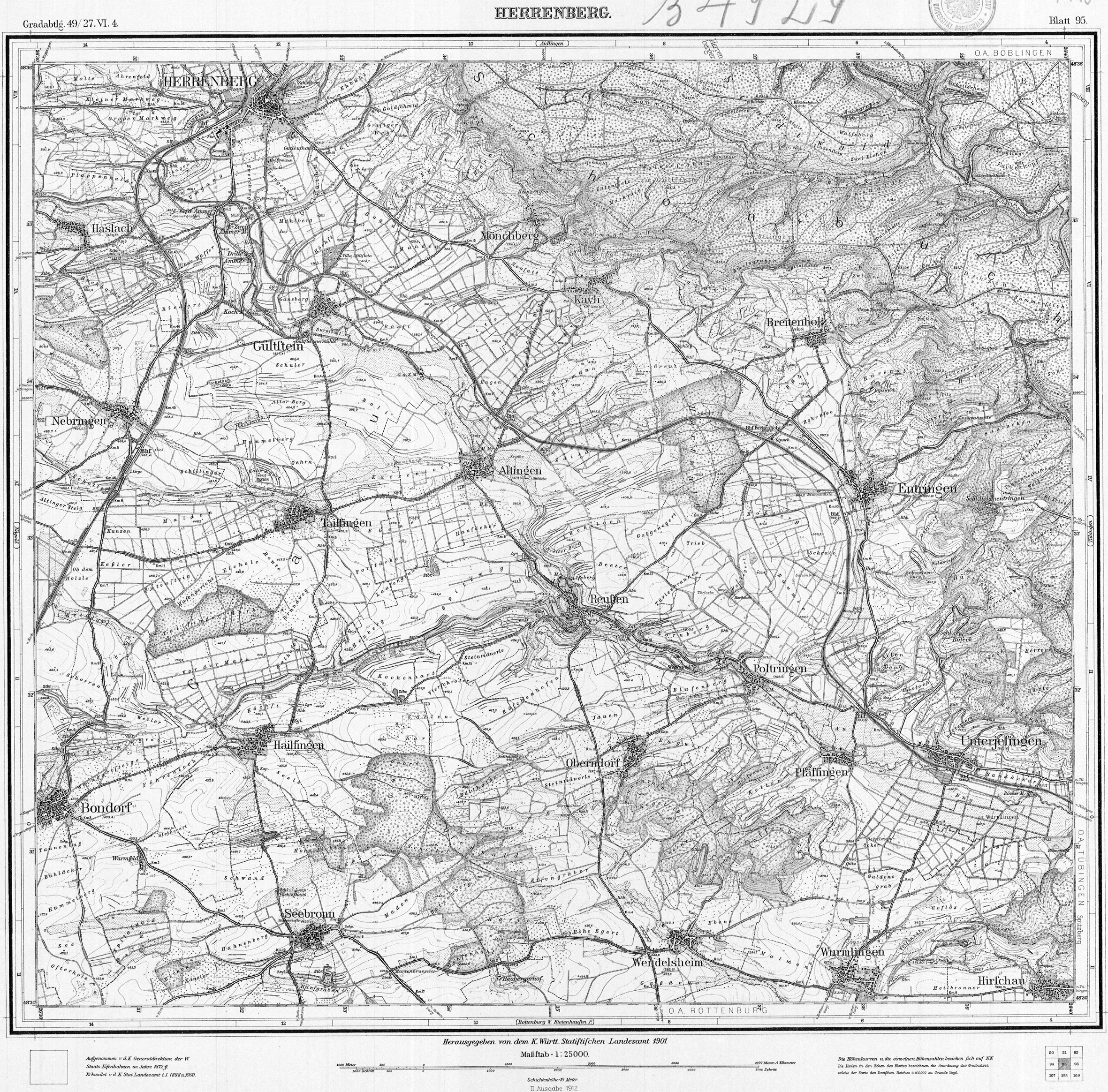 Topographische Karte von Herrenberg, 1912