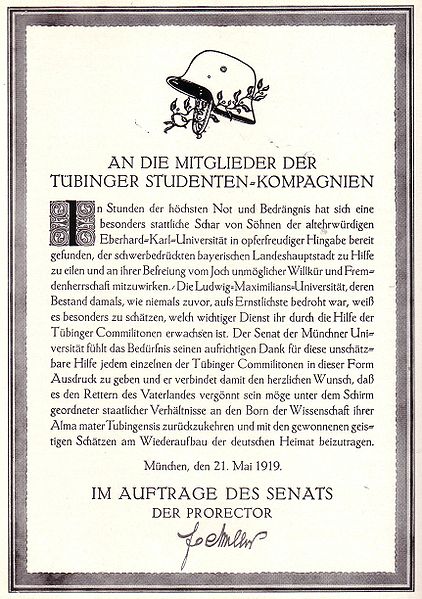 Datei:Münchner Dank an die Tübinger Studentenkompanien 1918-19.jpg