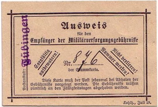 Datei:Ausweis für den Empfänger der Militärversorgungsgebührnisse, Tübingen, Kohlhammer, Juli 1919.jpg