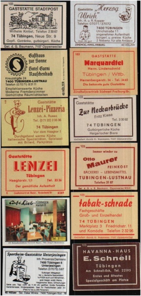 Datei:Tübinger Werbeetiketten von Streichholzschachteln.jpg