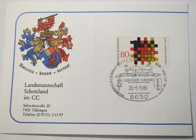 Landsmannschaft Schottland im Coburger Convent - Sonderstempel - Pfingstkongress vom 16.-20. Mai 1986 in Coburg.JPG